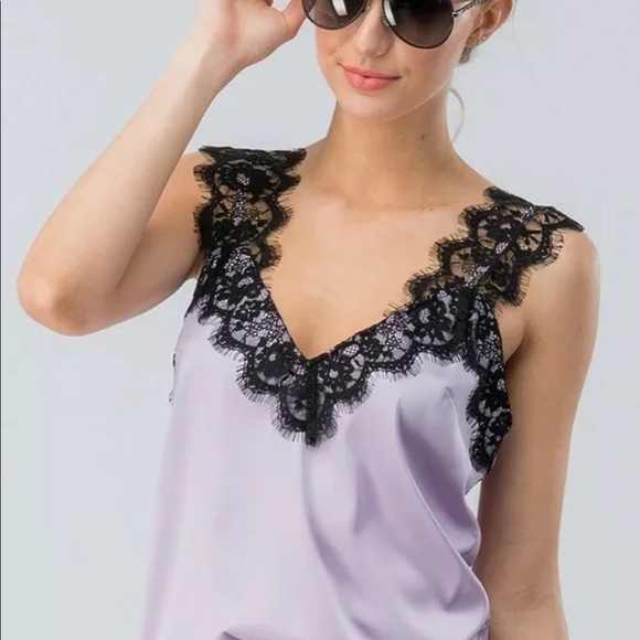 Black Eyelash Lace Silky Satin Relaxed Cami - Picture 3 of 7